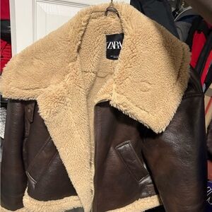 Zara Women's Brown Teddy Jacket with Cream Lining